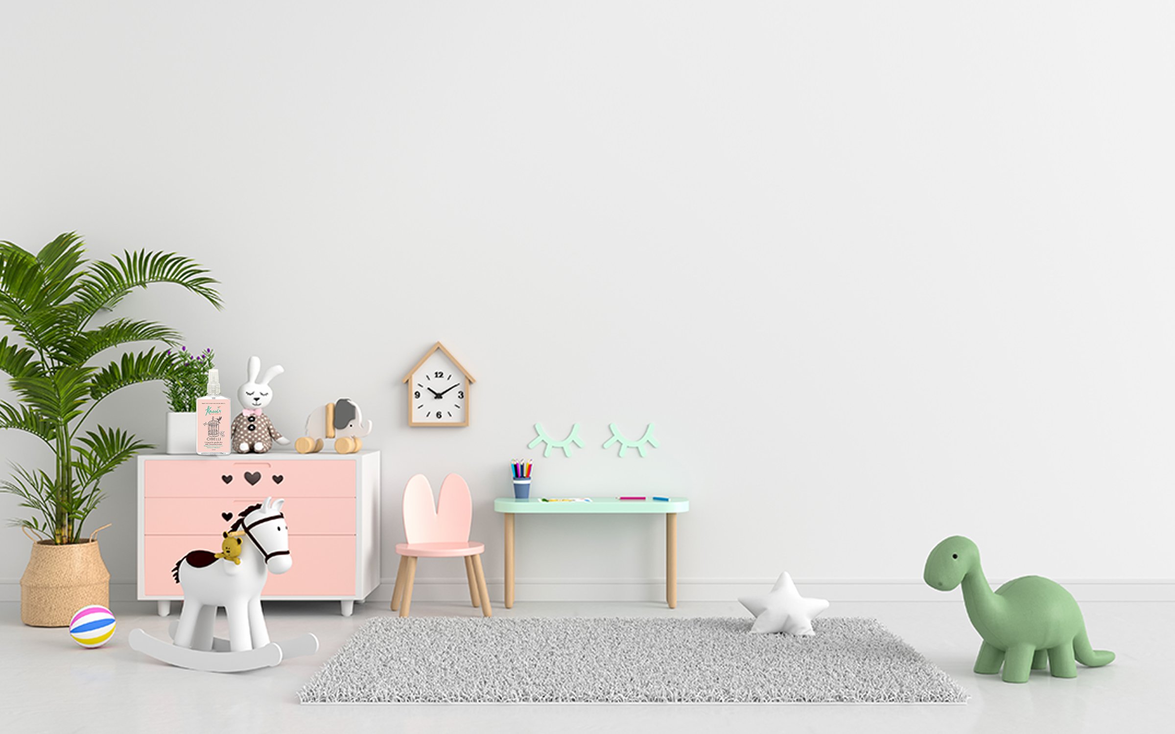 Bright nursery with a bottle of Kaui Naturals Cibelli anti-mosquito cologne on the dresser